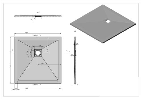 Brodzik prysznicowy kwadratowy kompozytowy 90 x 90 x 3 cm antracyt szary KRETA 50010 Sanotechnik Rysunek techniczny