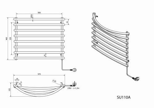Łazienkowa suszarka elektryczna 570 x 465 mm biały 72 W SU110A Aqualine rysunek
