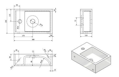 Umywalka kompozytowa mała 36 x 23 cm biały prawa ALABAMA AL565 Sapho rysunek