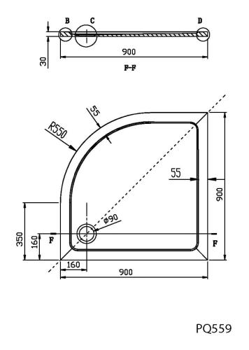 Brodzik prysznicowy półokrągły kompozytowy R55 90 x 90 x 3 cm TECMI PQ559 Aqualine Rysunek techniczny