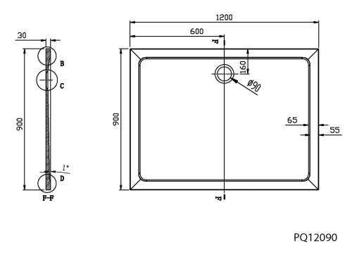 Brodzik prysznicowy prostokątny kompozytowy 120 x 90 cm TECMI PQ12090 Aqualine Rysunek techniczny