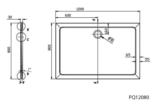 Brodzik prysznicowy prostokątny kompozytowy 120 x 80 cm TECMI PQ12080 Aqualine Rysunek techniczny