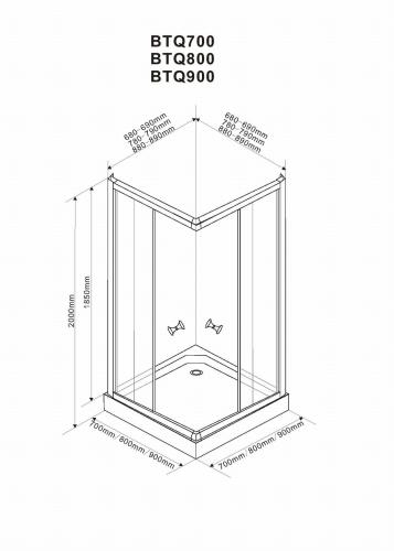 ALAIN Kabina prysznicowa narożna kwadratowa 80x80x185 cm, profil chrom, szkło BRICK BTQ800 Aqualine wymiary