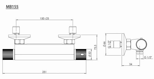 Bateria natryskowa ścienna z termostatem chrom połysk ACTION MB155 Aqualine rysunek