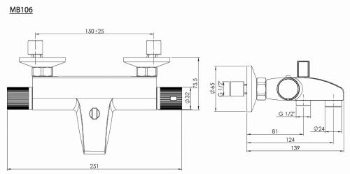 Bateria wannowa ścienna z termostatem chrom połysk ACTION MB106 Aqualine rysunek