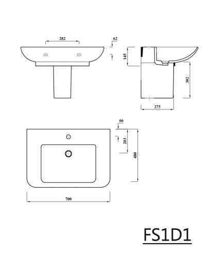 Umywalka ceramiczna 70 x 48 cm biały DORI FS1D1 Sapho rysunek