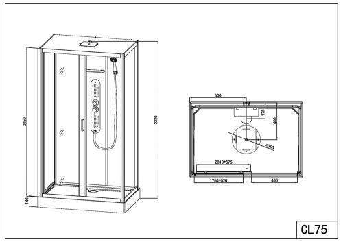 Rysunek techniczny i wymiary kabina prysznicowa z hydromasażem prostokątna 120 x 80 x 225 cm SKY 3 CL75 Sanotechnik rysunek