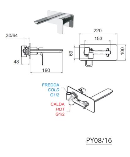Bateria umywalkowa podtynkowa jednouchwytowa nikiel mat SPY PY08/16 Sapho rysunek