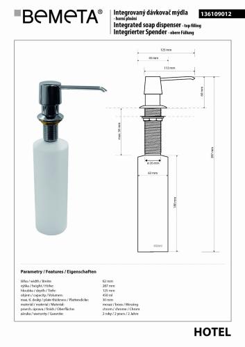 Dozownik podblatowy do mydła, górne napełnianie 136109012 Bemeta wymiary