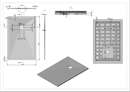 Brodzik prysznicowy prostokątny kompozytowy 120 x 80 x 3 cm antracyt szary KRETA 50020 Sanotechnik Rysunek techniczny