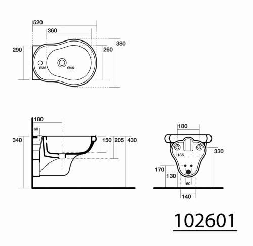 Bidet podwieszany 38 x 52 cm RETRO 102601 Kerasan rysunek