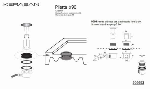 Syfon do brodzika prysznicowego RETRO fi 90 mm brąz 905693 Kerasan Rysunek techniczny i wymiary
