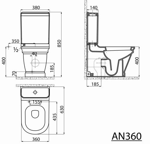 Miska WC 37 x 63 cm odpływ poziomy ANTIK AN360 Creavit rysunek
