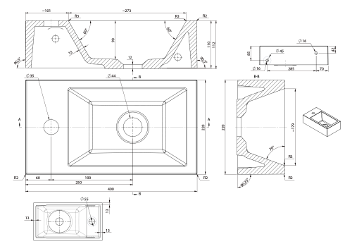 Umywalka kompozytowa mała 40 x 22 lewa biały AMAROK AR400 Sapho rysunek