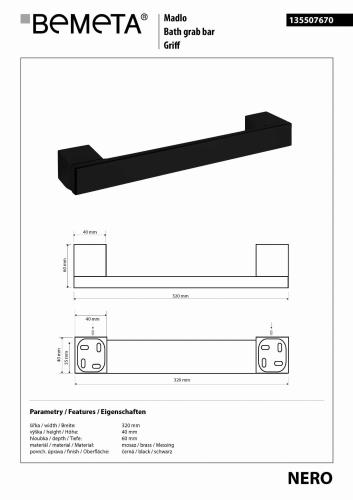 NERO Czarny uchwyt kąpielowy 32x 6 cm 135507670 Bemeta wymiary