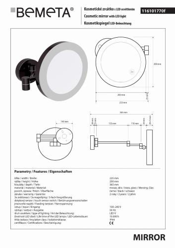 DARK Lusterko kosmetyczne z oświetleniem LED Ø200 mm IP44 czarne 116101770 Bemeta wymiary