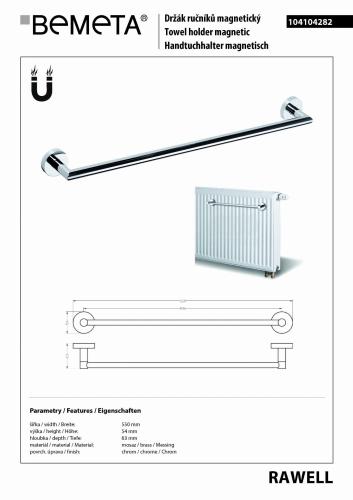 RAWELL Wieszak magnetyczny na ręcznik do grzejnika 55 cm chrom 104104282 Bemeta wymiary