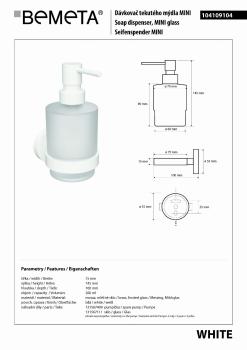 WHITE dozownik do mydła szklany z białym uchwytem MINI 200 ml 104109104 Bemeta wymiary