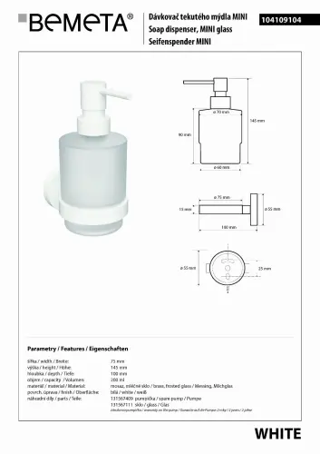 WHITE dozownik do mydła szklany z białym uchwytem MINI 200 ml 104109104 Bemeta wymiary