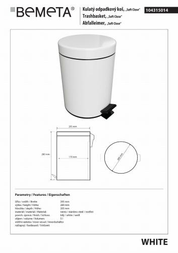 WHITE kosz na śmieci 5l Soft Close 104315014 Bemeta wymiary