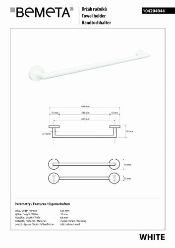 WHITE Wieszak na ręcznik biały 60 cm 104204044 Bemeta wymiary
