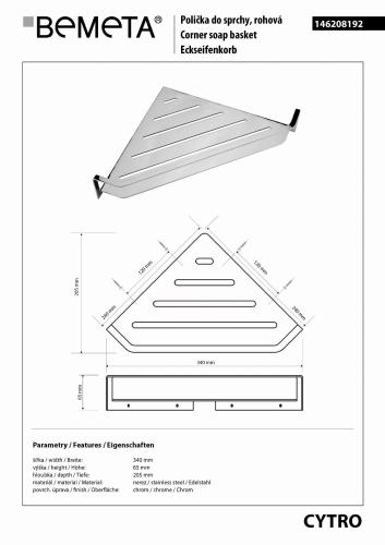 CYTRO półeczka pod prysznic narożna geometryczna stal nierdzewna 146208192 Bemeta wymiary