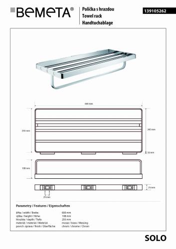 SOLO półka na ręcznik z relingiem 60 cm 139105262 Bemeta wymiary