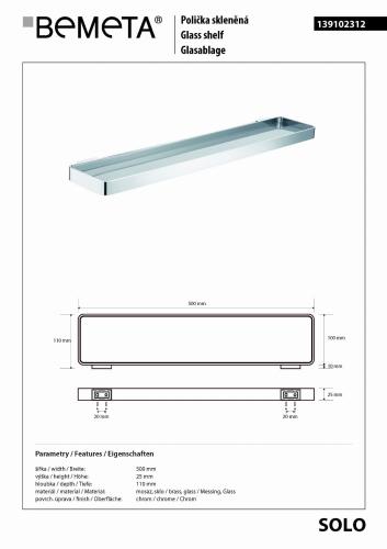 SOLO półka na ręcznik szklana 50 cm 139102312 Bemeta wymiary