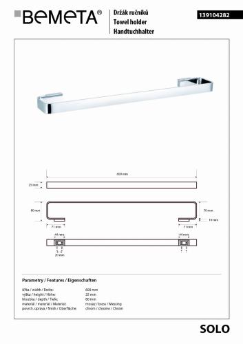 SOLO wieszak na ręcznik 60 cm 139104282 Bemeta wymiary