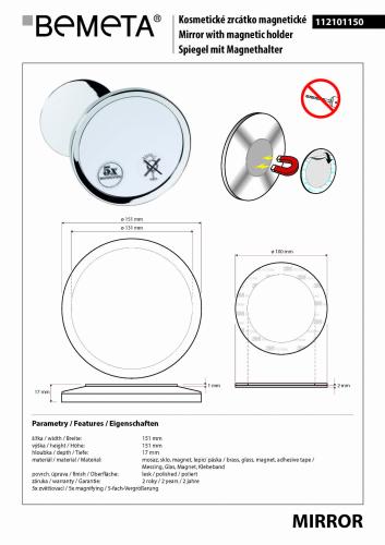 Lusterko kosmetyczne mocowane na magnes ø131 mm 112101150 Bemeta wymiary