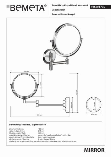Lusterko kosmetyczne stal nierdzewna szczotkowana Ø 133 mm 106301705 Bemeta wymiary