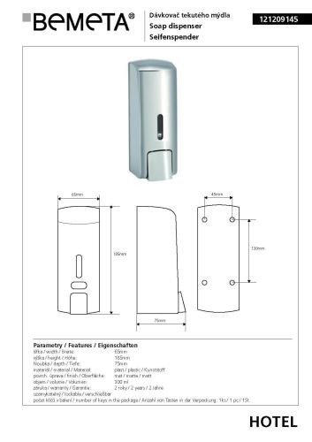 Dozownik do mydła 300 ml matowy 121209145 Bemeta wymiary