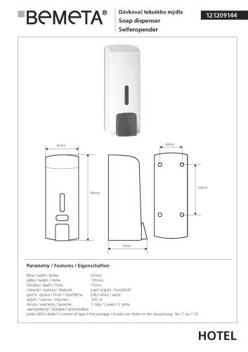 Dozownik do mydła 300 ml biały 121209144 Bemeta wymiary