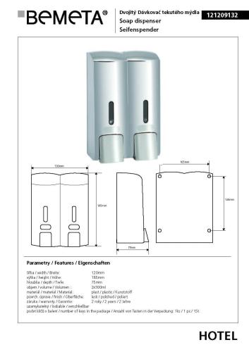 Dozownik do mydła podwójny 2 x 300 ml 121209132 Bemeta wymiary
