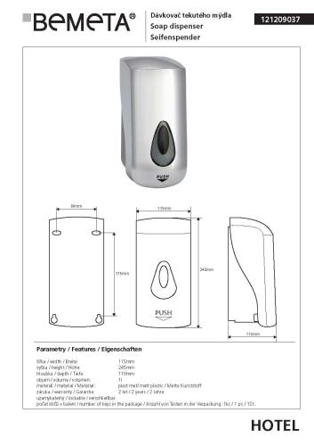 Dozownik do mydła 1000 ml szary matowy 121209037 Bemeta wymiary