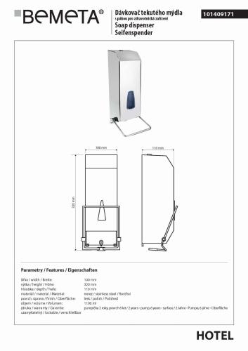 Dozownik do mydła 1100 ml stal nierdzewna 101409171 Bemeta wymiary