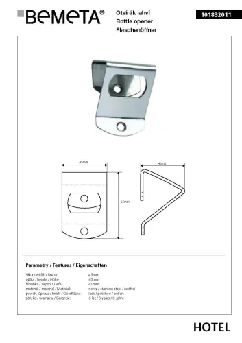 Otwieracz do butelek naścienny stal nierdzewna połysk 101832011 Bemeta wymiary