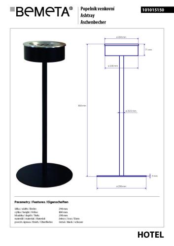 Popielniczka wysoka czarna 101015150 Bemeta wymiary