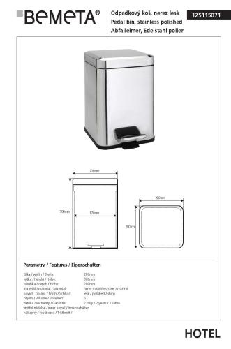 Kosz na śmieci 6l stal nierdzewna połysk 125115071 Bemeta wymiary