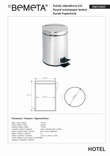 Kosz na śmieci z pokrywką 3l, stojący, stal nierdzewna szczotkowana 104315025 Bemeta