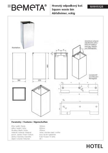 Kosz na śmieci do zawieszenia 45l stal nierdzewna szczotkowana 101915125 Bemeta wymiary