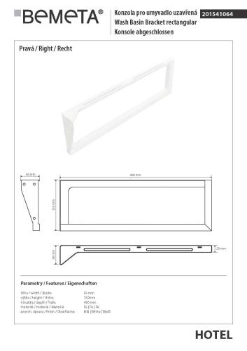 Wspornik do umywalki/reling 49 cm prawy biały 201541064 Bemeta wymiary