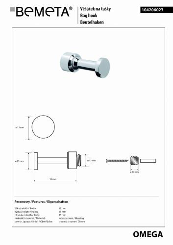 OMEGA Wieszaczek na ręcznik pojedynczy chrom połysk 104206023 Bemeta wymiary