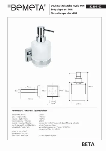 Dozownik do mydła MINI 200 ml BETA 132109102 Bemeta wymiary