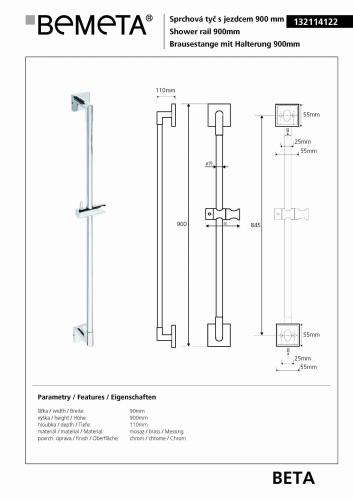 BETA drążek prysznicowy 90 cm chrom 132114122 Bemeta wymiary