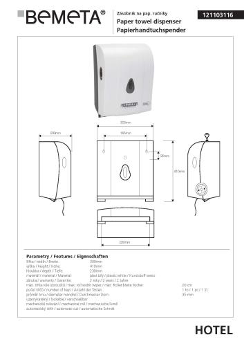 Mechaniczny zasobnik na ręczniki papierowe z systemem autocut 121103116 Bemeta wymiary