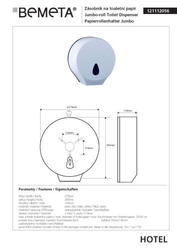 JUMBO Zasobnik na papier toaletowy 121112056 Bemeta wymiary