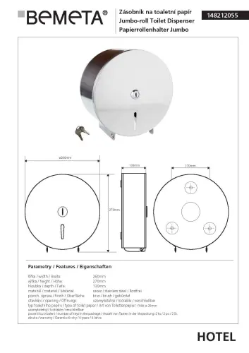 JUMBO Zasobnik na papier toaletowy ø26 cm stal nierdzewna szczotkowana 148212055 Bemeta wymiary