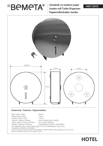 JUMBO Zasobnik na papier toaletowy stal nierdzewna szczotkowana 148112055 Bemeta wymiary
