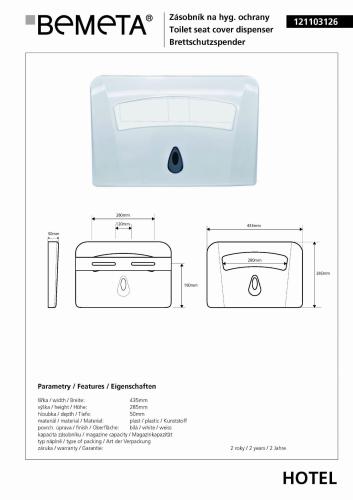 Zasobnik na podkładki sedesowe jednorazowe 121103126 Bemeta wymiary